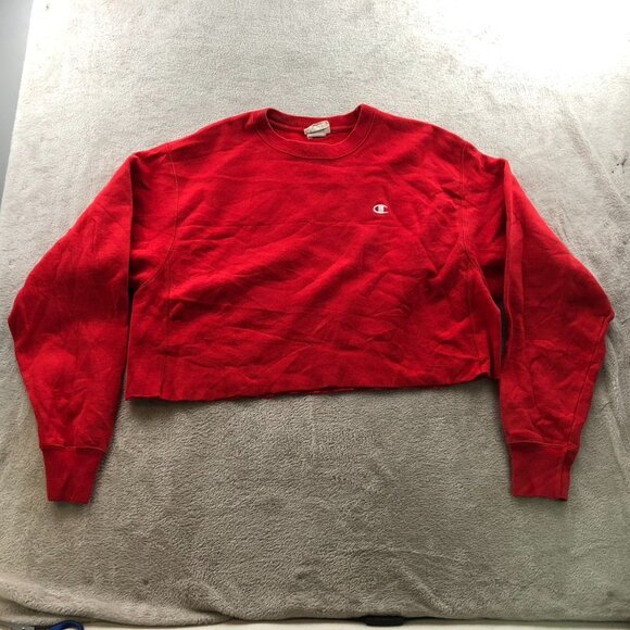 Champion Women's Reverse Weave Sweatshirt Large Crew Neck Red Cropped with Sciss - Picture 13 of 14